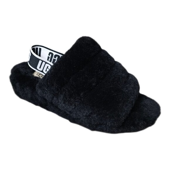UGG Fluff Yeah Slide Black Slippers Shearling Slingback Slip On Shoe Sandals - Picture 2 of 14